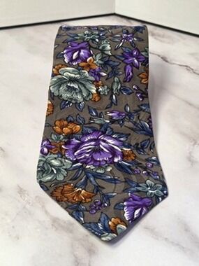 L"Atelier Floral Neck Tie Brown Purple Blue Orange Flower Print Men's Classic